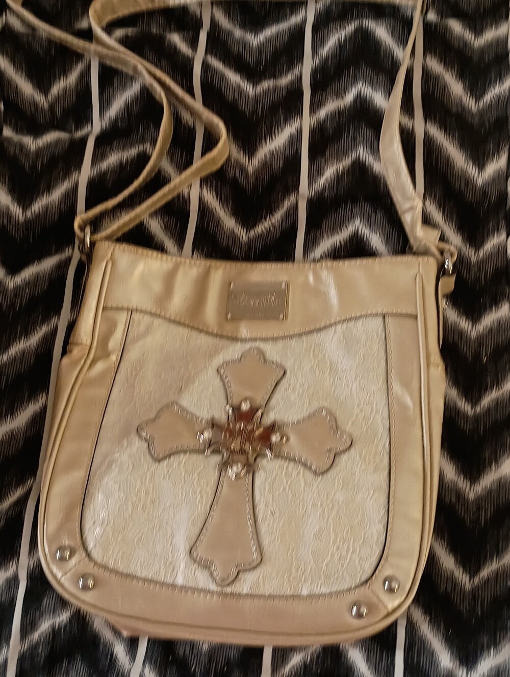 Women's Crossbody Bag with Decorative Cross - Cream